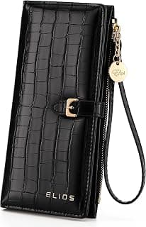 Elios Women Long Wallet Croc-Embossed PU Leather Wallet Zip Purse Multifunction Organizer Card Holder Clutch with Phone Pocket (Black)