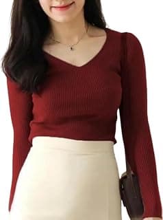 Generic Stylish Ribbed V-Neck Full Sleeve Top for Women – Trendy Western Tops, Casual Office Wear T-Shirt Tops for Girls and Woman