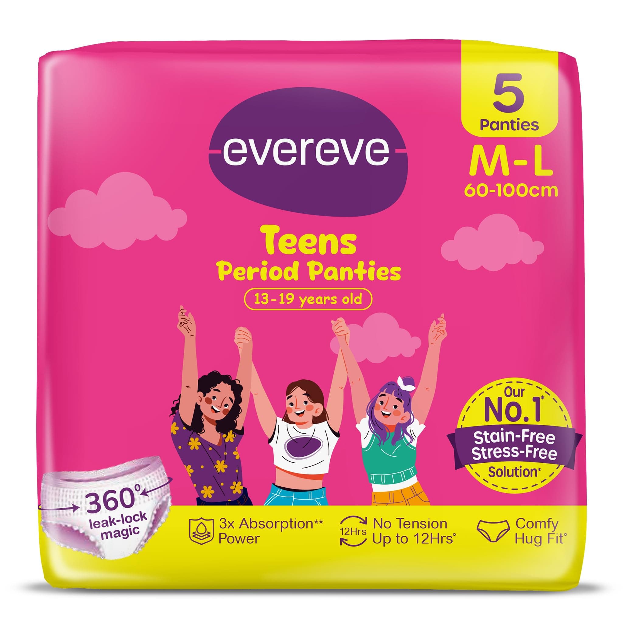Evereve Teens Period Panty For Girls, M-L 5Pcs (for 13 to 19 years old), 360 Degree Anti-Leak Coverage, Up to 12hours Protection, Heavy Flow Absorbency, Ideal for School & Overnight Use, Comfy Hug Fit