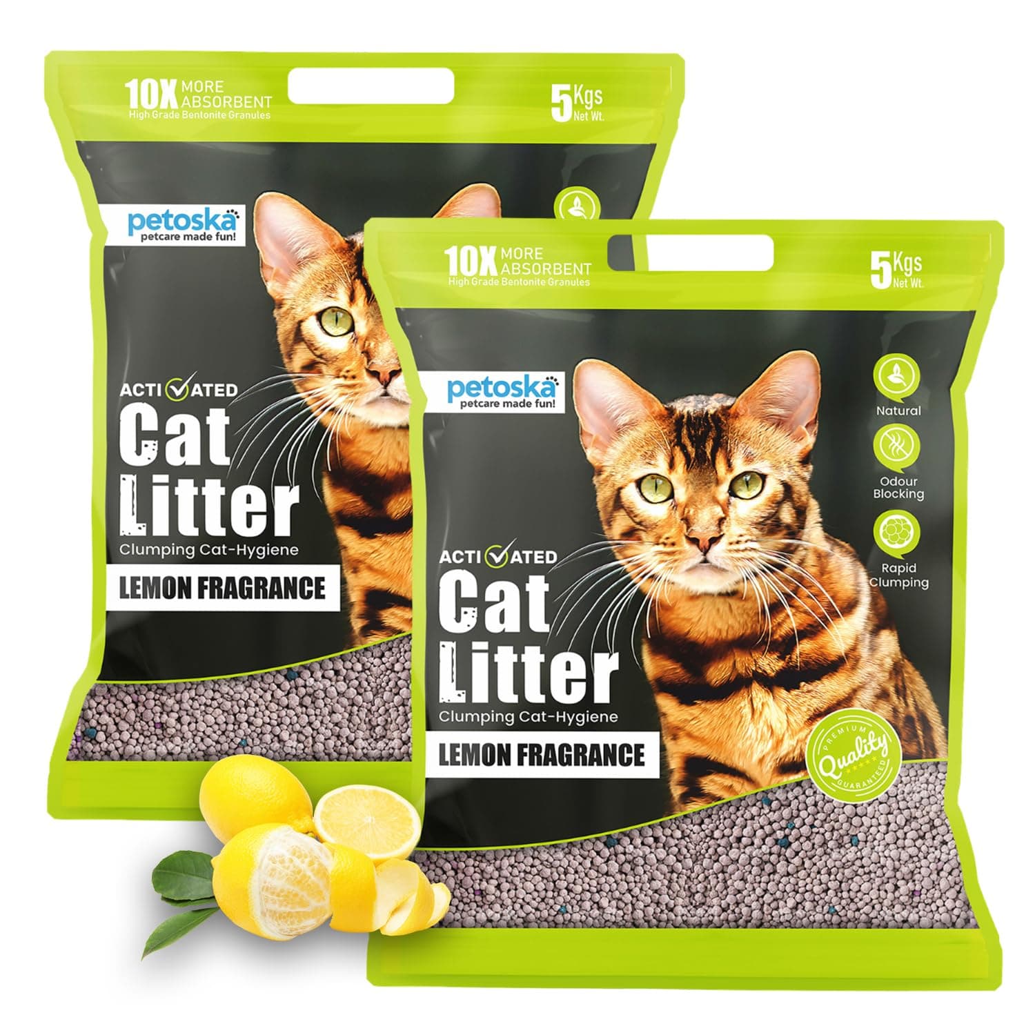 Petoska Cat Litter 10 kg Lemon | Fast-Clumping Bentonite Cat Litter with Odour Lock, Low Dust & Gentle on Paws | Fresh & Zesty Litter Box Everyday | Pack of 2