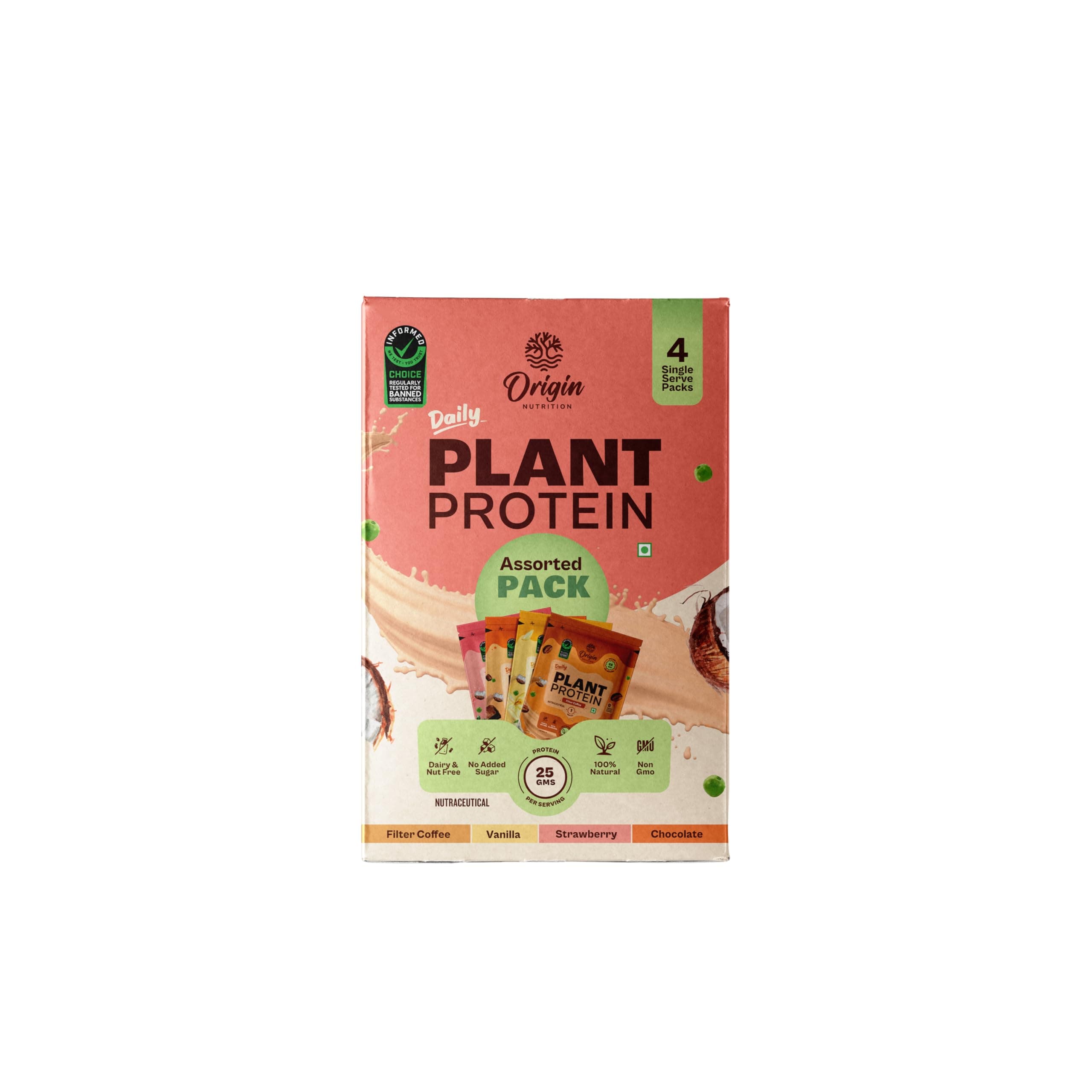 Origin Nutrition 100% Natural & Clean Plant Protein, Assorted Pack (Chocolate, Strawberry, Vanilla and Filter Coffee) 160gm (40gm x 4)