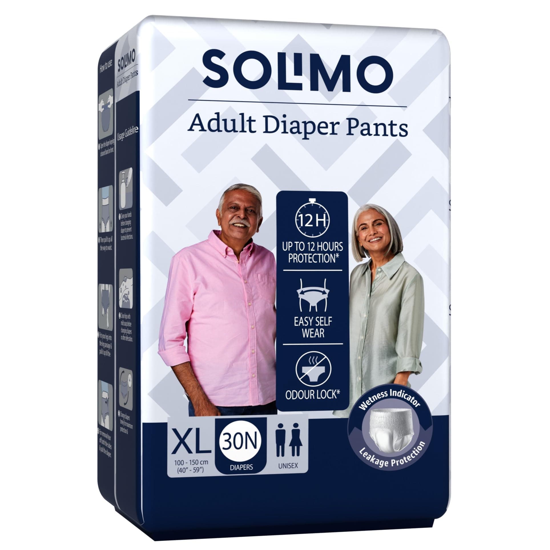 Amazon Brand - Solimo Adult Diapers Pant Style | XL Size | 30 Count | Waist 40-59 Inch (100-150 cm) | Fast absorption | Leak Proof | Unisex | For Men & Women