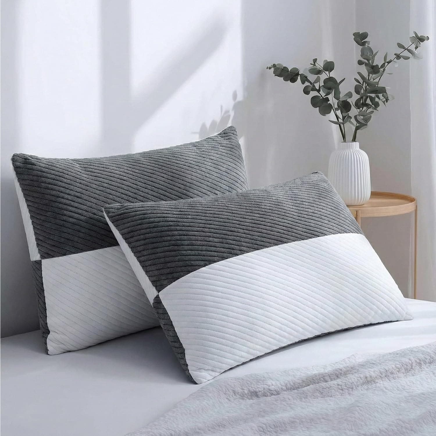 AYKA Adjustable Microfiber Sleeping Pillow | Height Adjustable Zip Pillow with Extra Fiber Fill | Soft & Fluffy Comfort | Hypoallergenic, Breathable & Washable |17x27 Inch | White & Grey | Set of 2