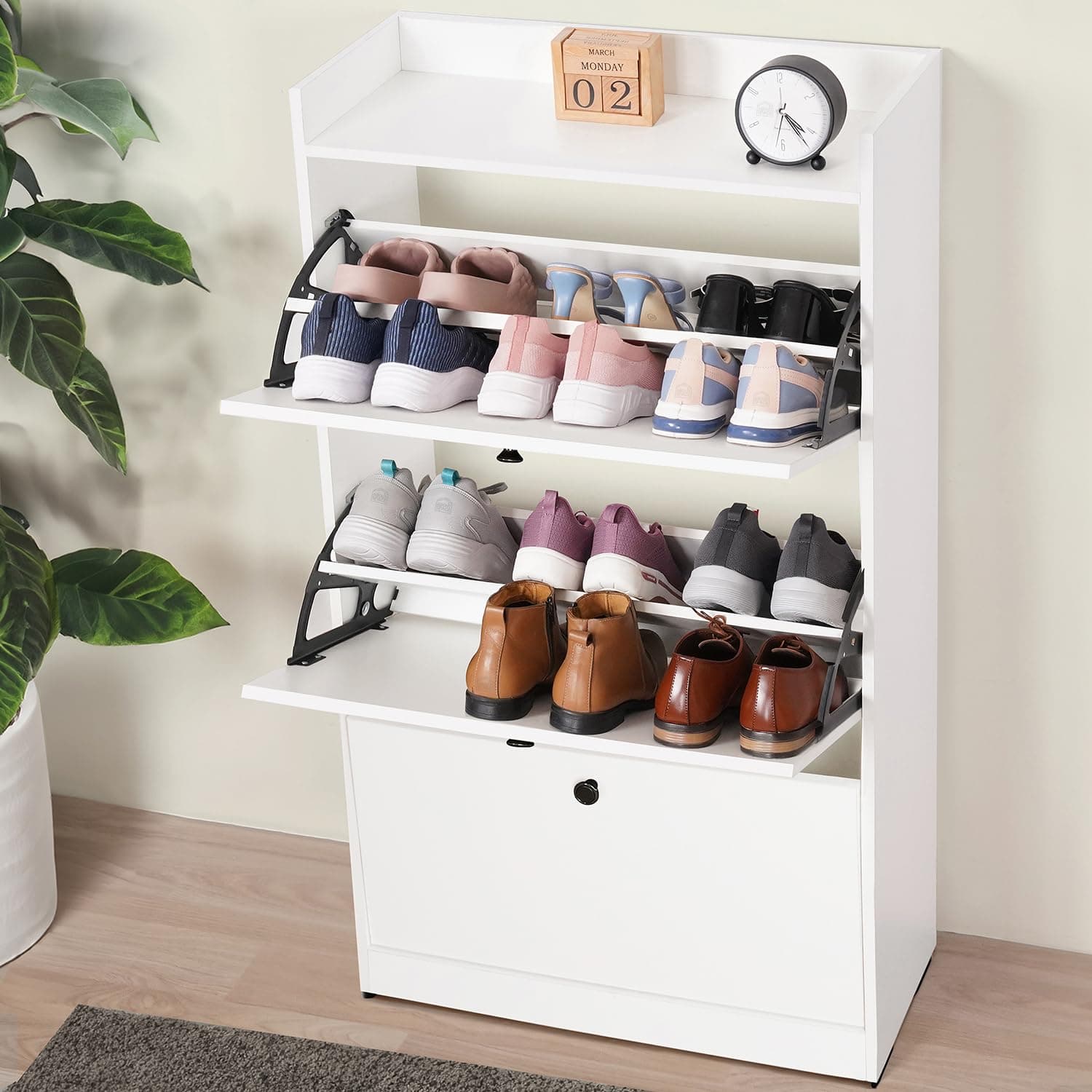 ABOUT SPACE Shoe Rack for Home - 4.5 Ft 3 Tier Tilt Out Door Slim Shoe Cabinet | 18-20 Pairs Vintage Slipper Stand with Anti-Tipping Protection & Removable/Adjustable Panels - Engineered Wood - White