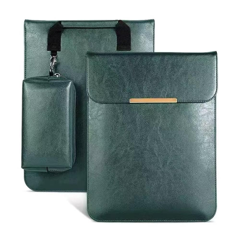 SwooK 15-16 Inch Laptop Sleeve with Handle & Pouch – Waterproof PU Leather Slim Case Compatible with MacBook Pro 16", Dell XPS 15, Lenovo, HP, ASUS – Scratch Resistant, Velvet Lined- Green