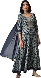 Aurelia Women's Fit and Flare Ankle Length Floral Printed with Zari Embroidery Liva Dress and Dupatta