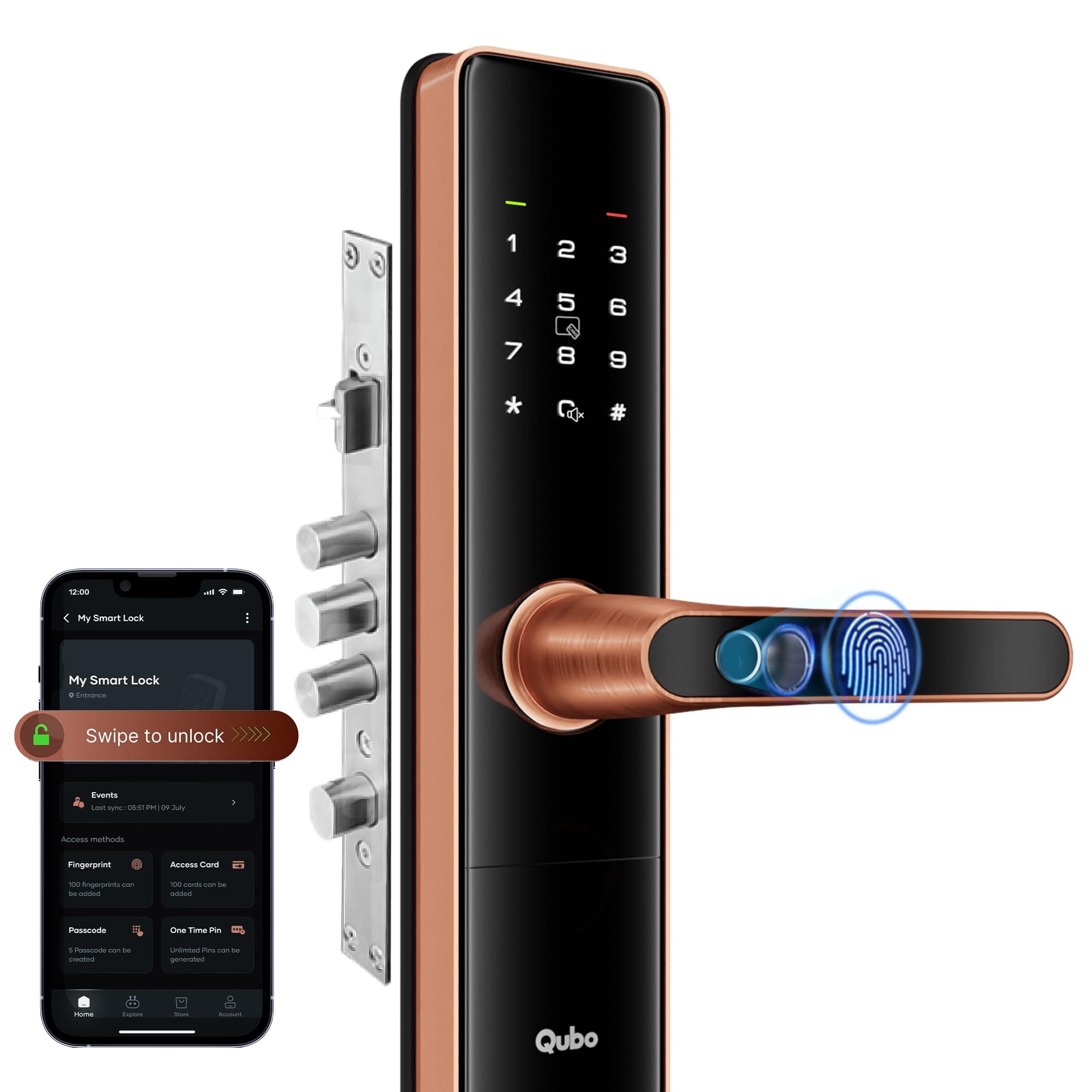 Qubo Smart Door Lock Ultra (Wi-Fi) from Hero Group | Remote App Unlock | 5 Bolts | Tamper Alerts | App Control| 7-Way Unlocking | Fingerprint| PIN | OTP | RFID Card | Mechanical Key | 3 Year Warranty