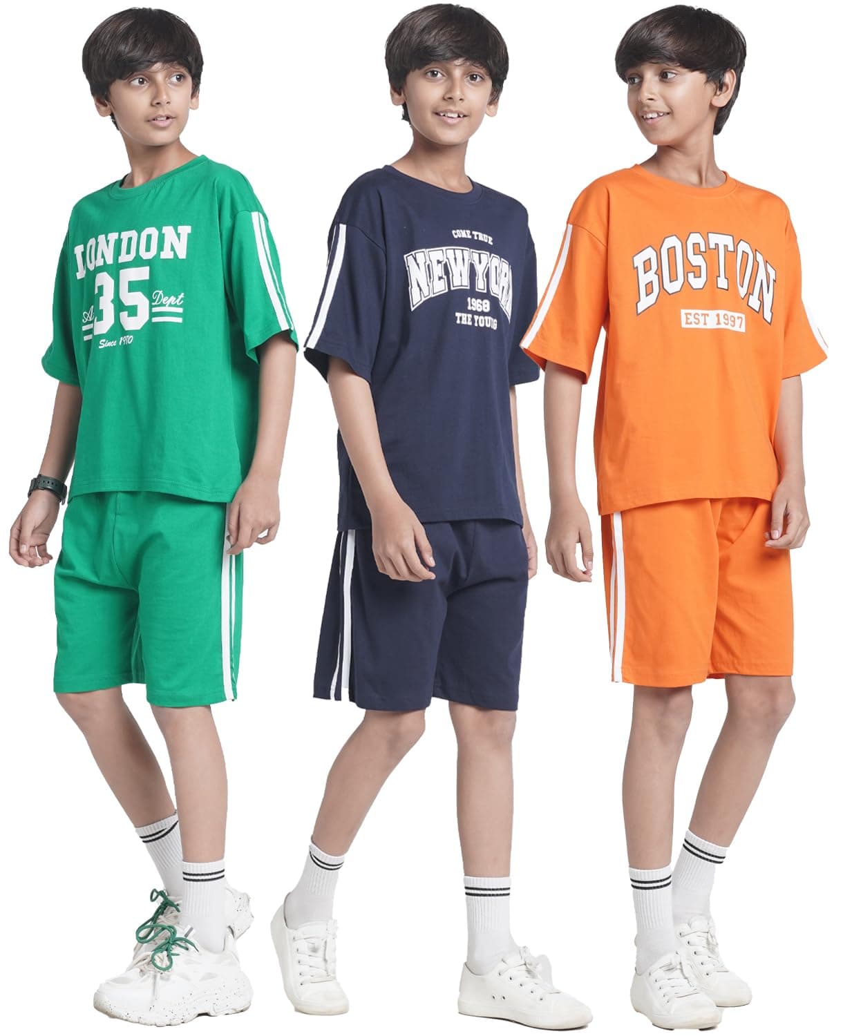 T2F Boys Cotton Printed DropShoulder Fit T-Shirt and Shorts Clothing Set (Pack of 3)