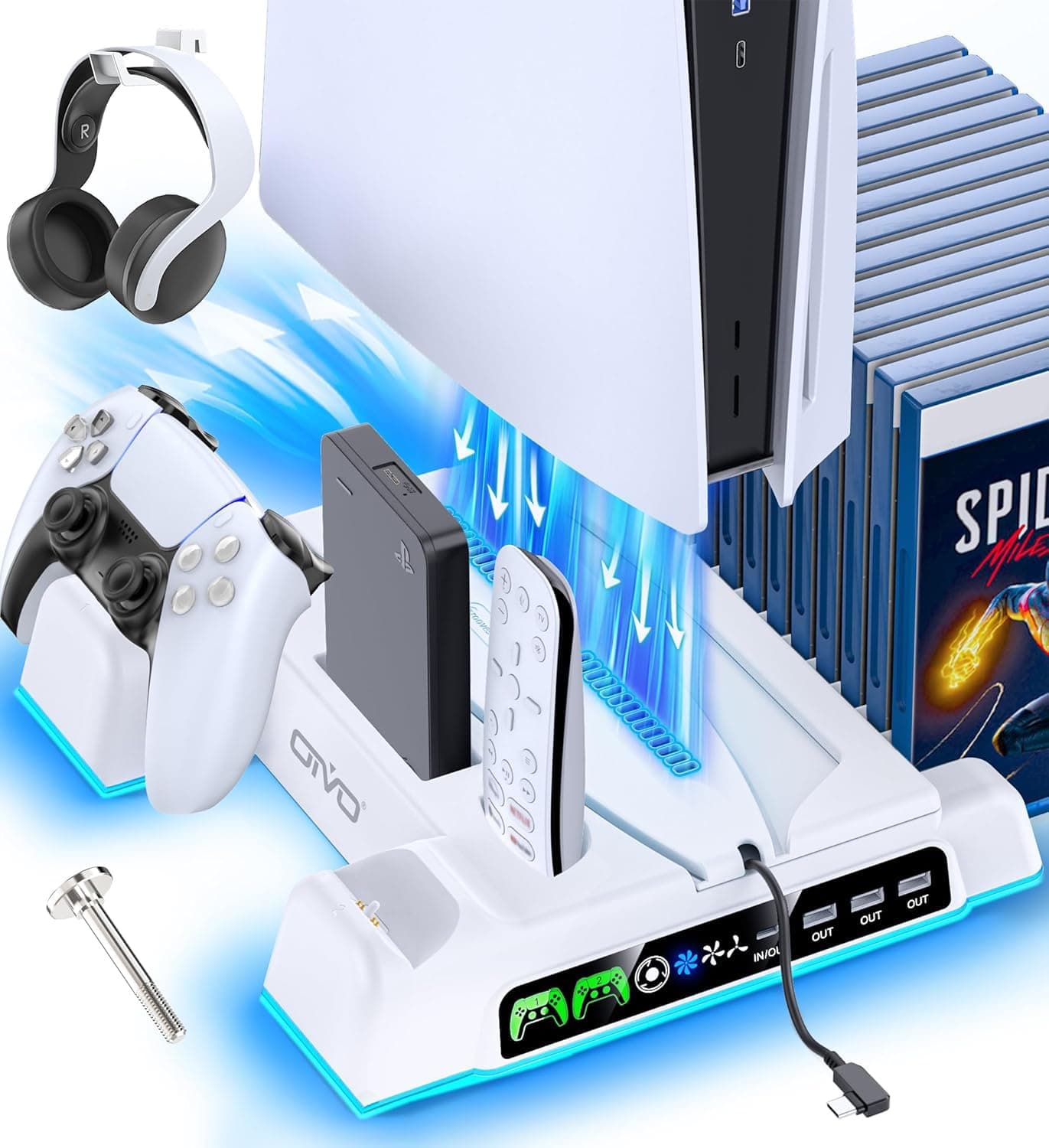 Oivo Ps5 Stand Suction Cooling Station With Ac Adapter Controller Charging Station for PS5 Playstation 5 Console, Cooling Fan Stand, Controller Charger Accessories, 12 Slots, Headset Holder Tabletop