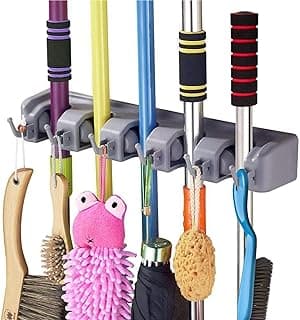 Dargoba Broom Holder Wall Mounted, Mop Holder for Wall, Broom Stick Holder Mounted Stand, Storage Broomstick Brush Mount Organizer with Hanger Hooks (5 Slot 6 Hooks)- Grey, Polypropylene