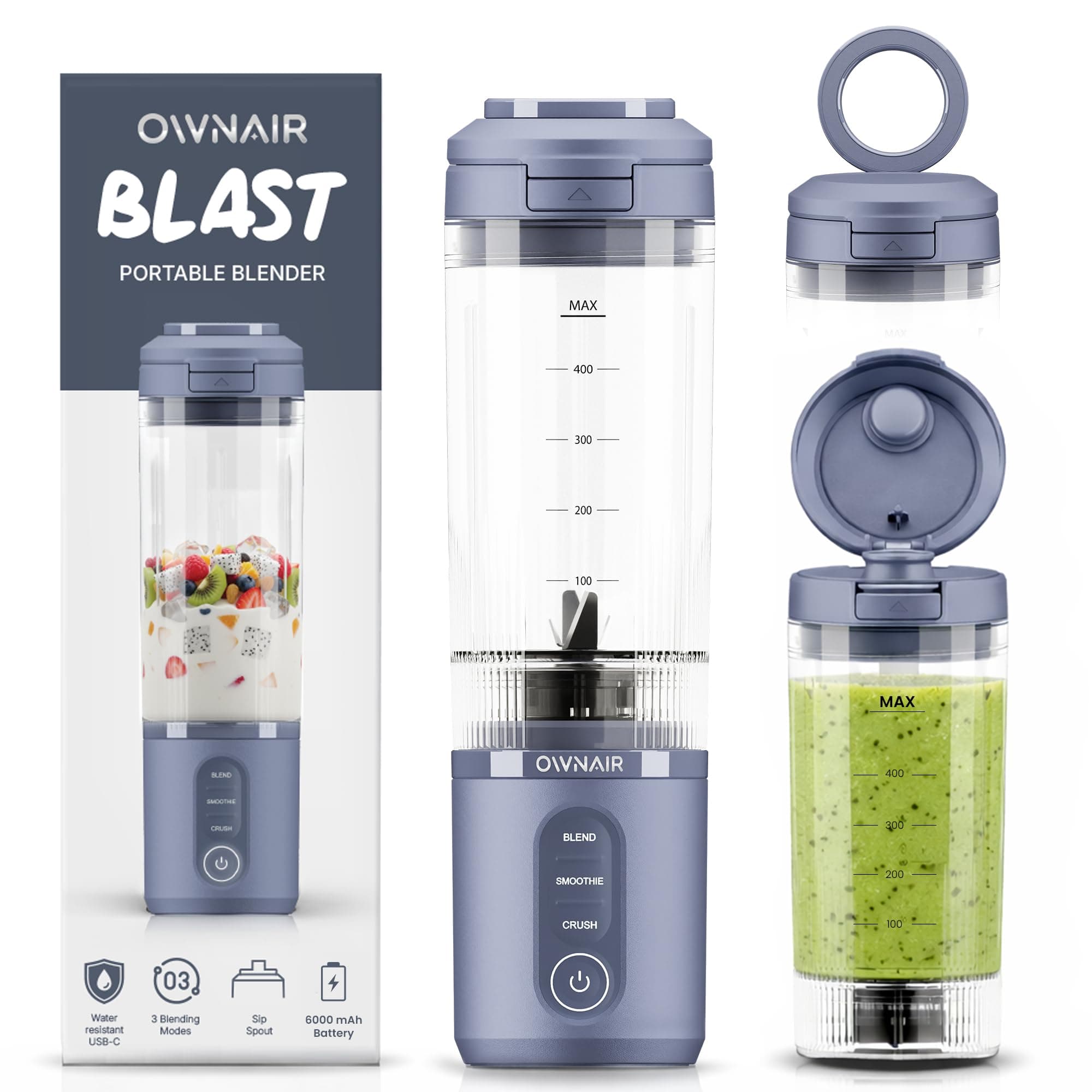OWNAIR Blast Portable Blender For Smoothie And Juices | 180W USB-Rechargeable | Portable Blender with 470ml Free Sipper Jar | 6000mAh Battery |For Smoothies, Shakes & Baby Food