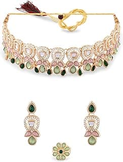 ZAVERI PEARLS Green Pink Stones Austrian Diamonds Embellished Choker Necklace Earring & Ring Set For Women-ZPFK17672