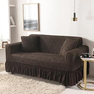 Lukzer 320 GSM Coffee Brown 3 Seater Turkish Sofa Cover Universal Couch Protector Bubble Fabric with Frill Universal Big Elasticity Furniture Slipcover (210-260cm/SC-097-03)