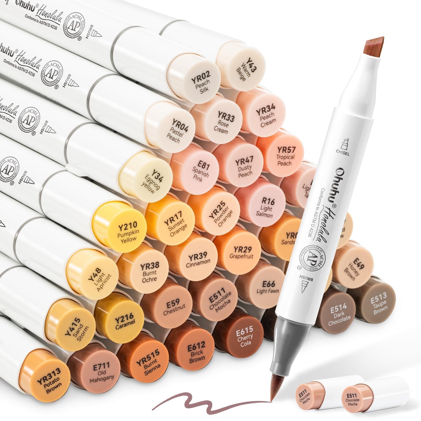 Ohuhu Skin Tone Colors Alcohol-Based Markers, Sketch Art Marker for Kids and Adult Coloring, Illustration, Comes W/1 Color Less Alcohol Marker Blender (Brush & Chisel, 36 Skin Tone Colours)