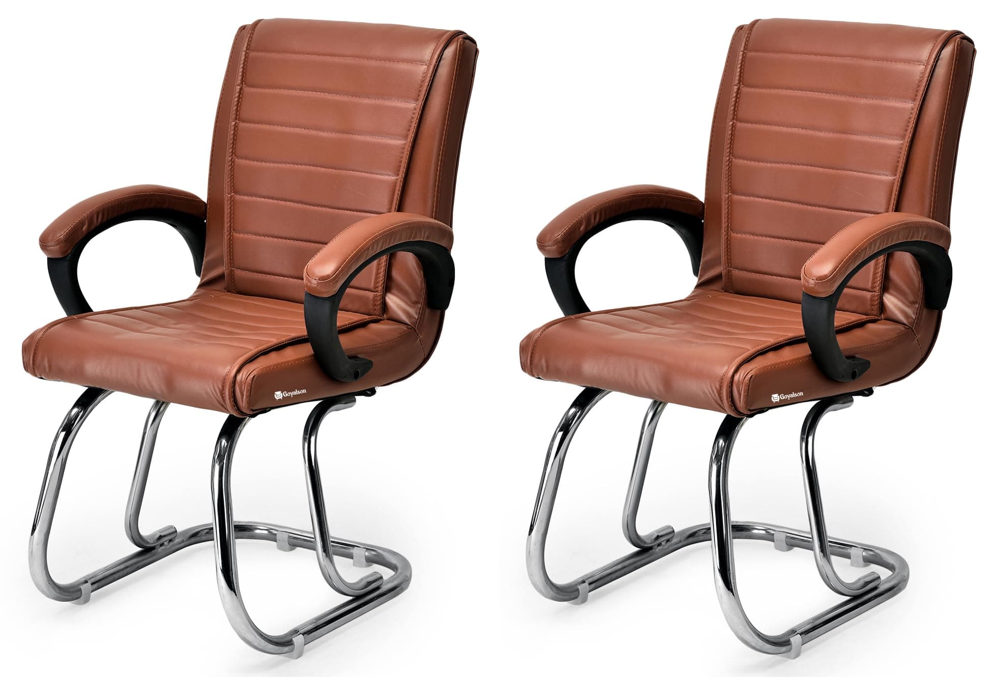 KITHANIA Executive Office Home Study Chair Library Chair with Cushioned Arm Rest & Seat Back, Reception or Conference Room Seating, 100 Kgs Limit (2, Brown, Double Pipe Chrome Frame)