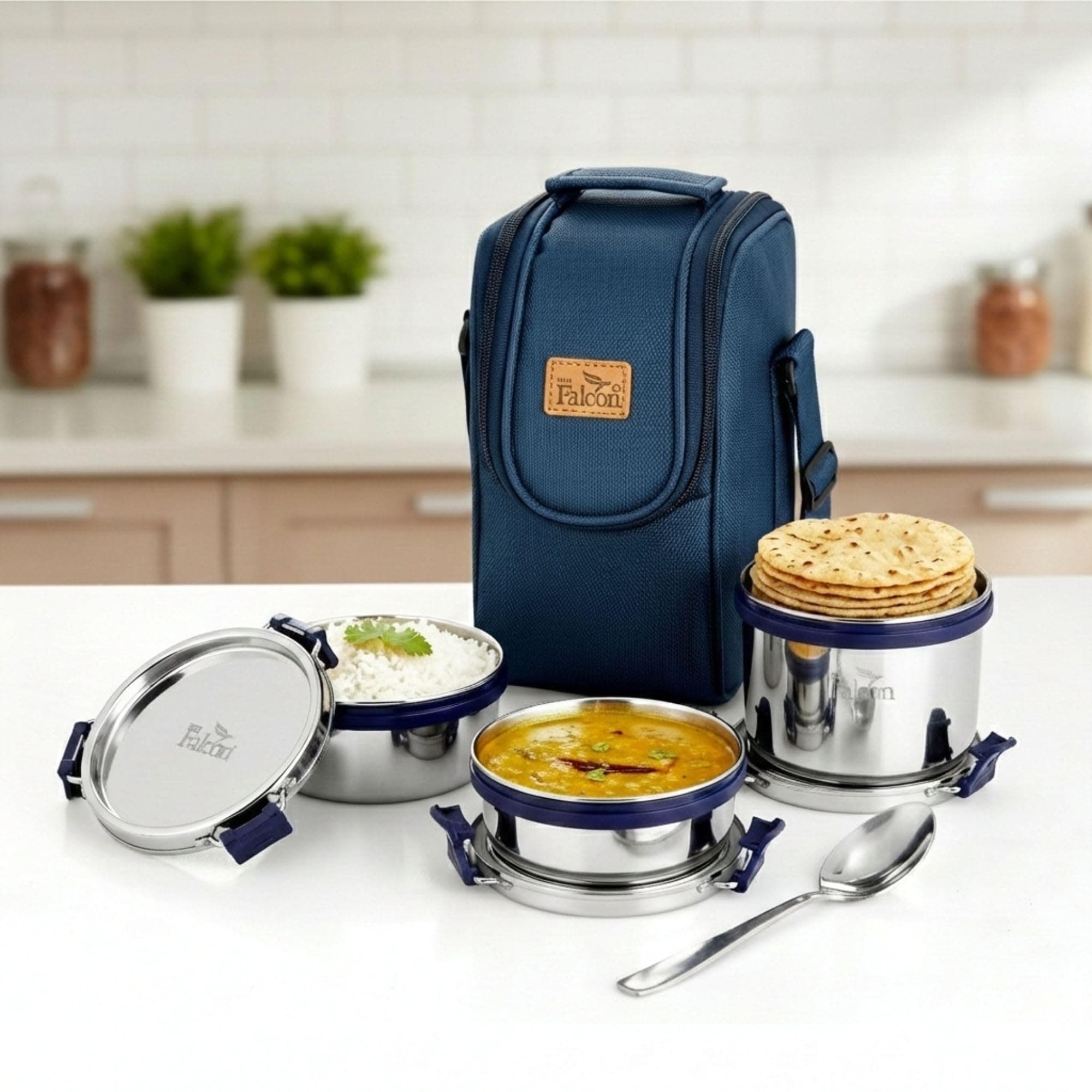 PDDFALCON Stainless Steel EcoNxt Clover Lunch Box Set of 3 containers with Insulated Bag, BIS Certified, Jindal Seal & Made in India (Navy Blue - 1000ml)