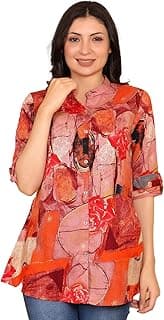 FIMS - Fashion is my style Rayon Abstract Printed Short Kurti for Women, Tunics Tops, Ethnic Wear for Office, Flared, Mandarin Collar V Neck, Roll-Up Sleeves, Summer Wear, Ideal Gift for Girls