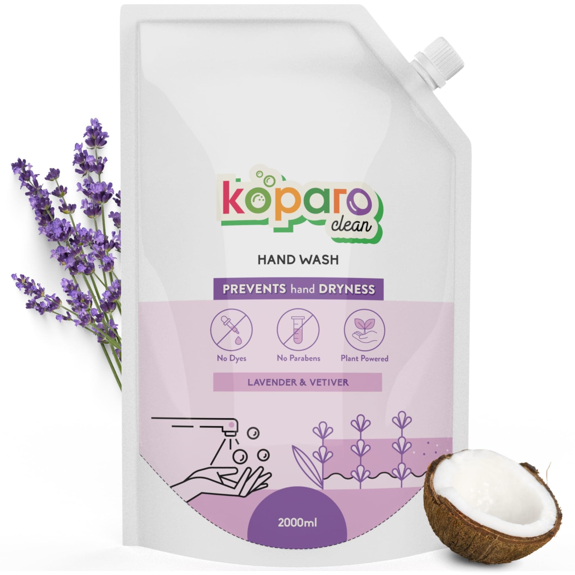 Koparo Handwash Liquid | Natural Handwash Refill Pack 2 Litre | pH Balanced Germ Protection | Lavender Fragrance | Infused With Tea Tree Oil And Glycerin | Safe For All Skin Types
