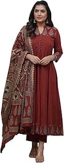 GoSriKi Women's Rayon Viscose Anarkali Printed Kurta Pant with Dupatta | Anarkali Kurta Set for Women | Flared Kurti Pant Set | Ethnic Printed Suit for Women