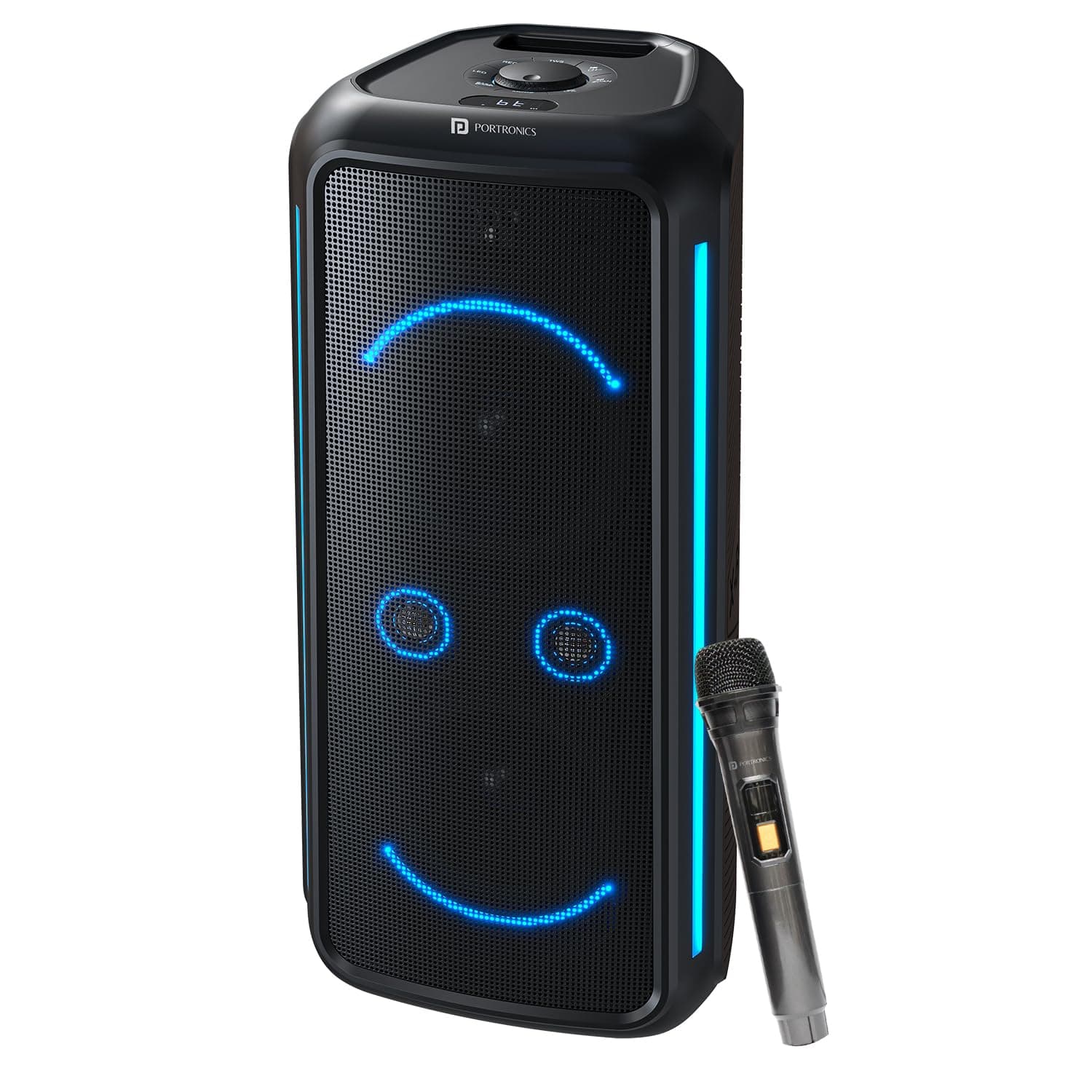 Portronics 250W Iron Beats 5 Prime Wireless Wheeled Party Speaker with Upto 6 Hours Playtime & Wireless Karaoke UHF Mic, Dual 8 Inch Subwoofer, Smiley LED Lights, Bass Boost Technology (Black)