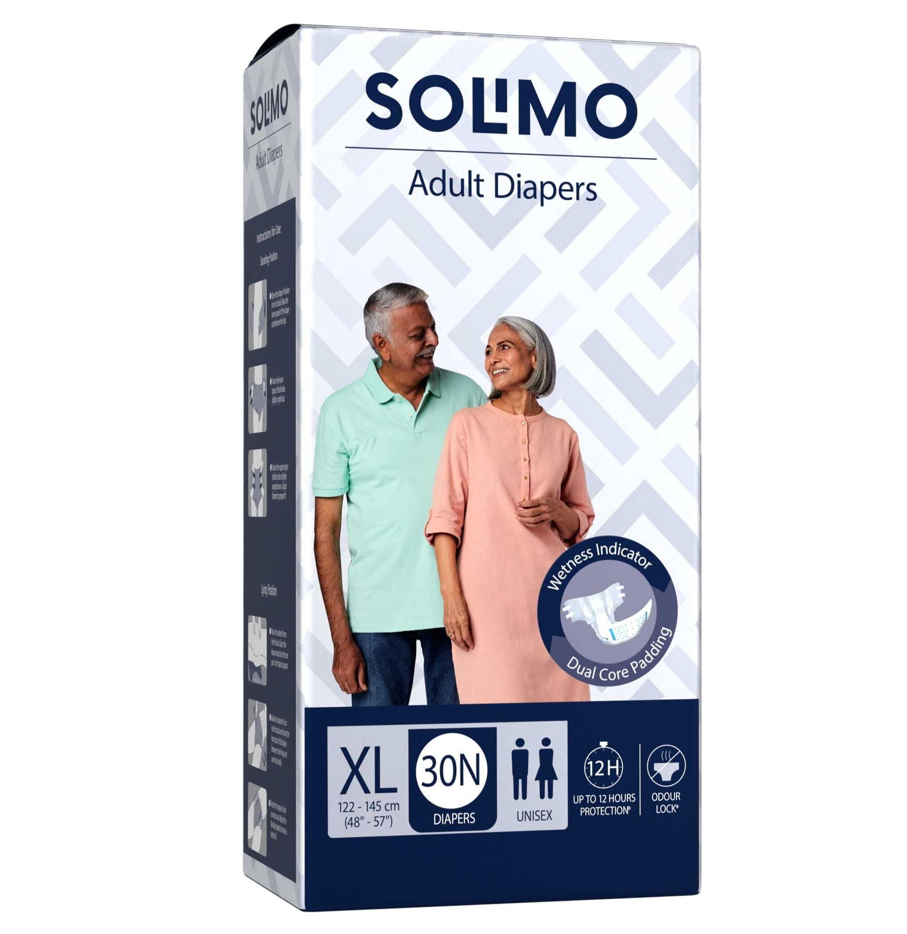 Amazon Brand - Solimo Adult Diapers, Tape Style | Pack of 30 | XL Size | Waist 48-57 in (122-145 cm) | Unisex | Quick Absorption | Leak Proof Upto 12 Hours | Wetness Indicator | For Men & Women