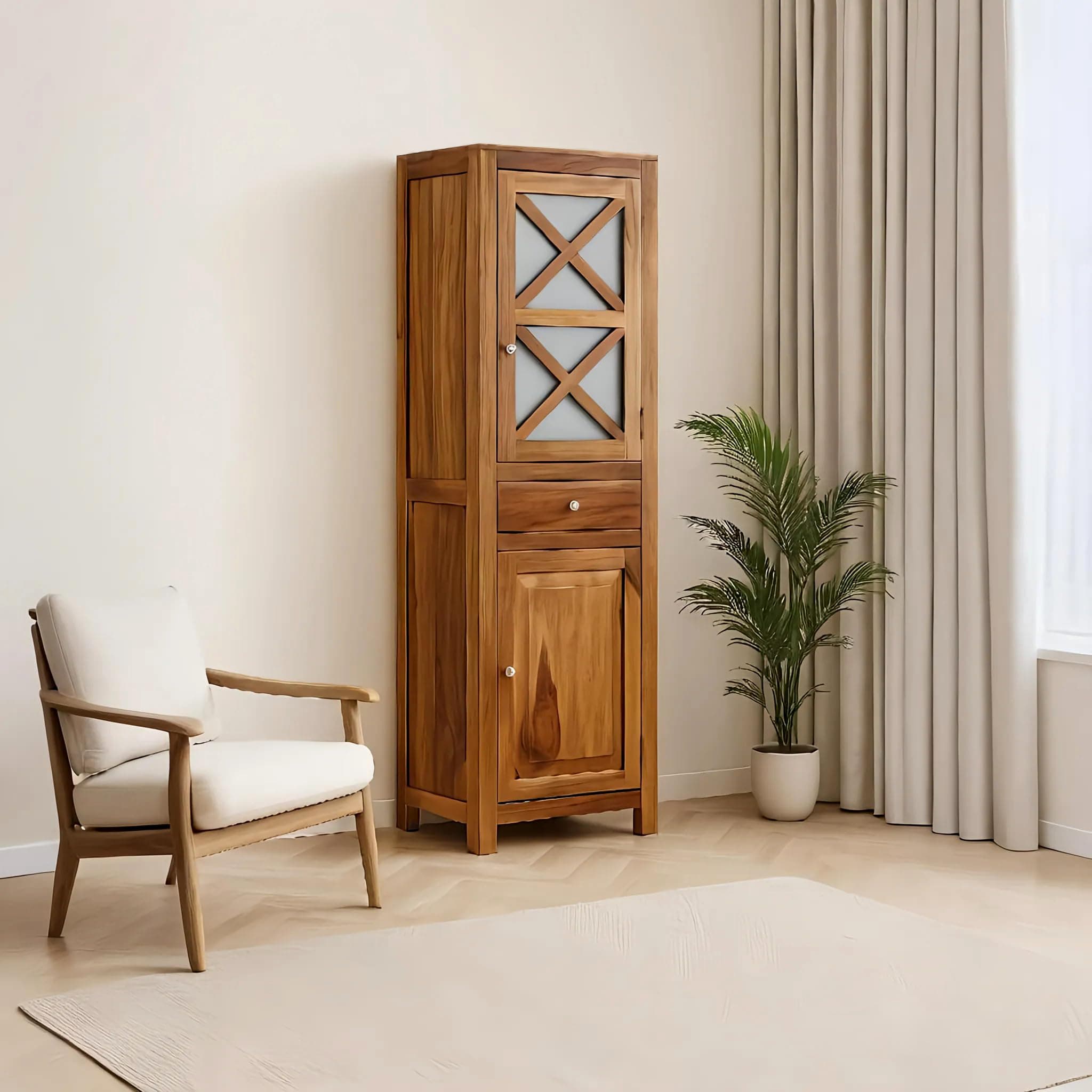 EXCEL Home Cross Pattern Solid Wood 1-Door Wardrobe in Provincial Teak Finish