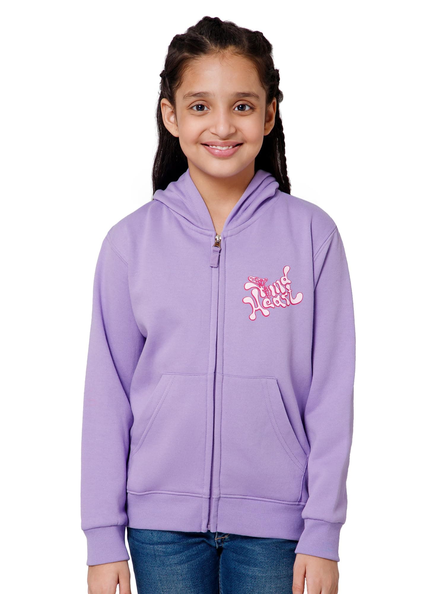 Alan Jones Clothing Girls Zipper Hooded Sweatshirt | Placement Print | Insert Pockets | Ribbed Hem | Regular Fit