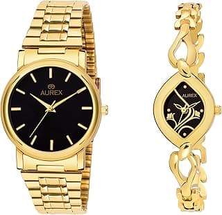 AUREX Analog Unisex Watch (Black Dial Gold Colored Strap)