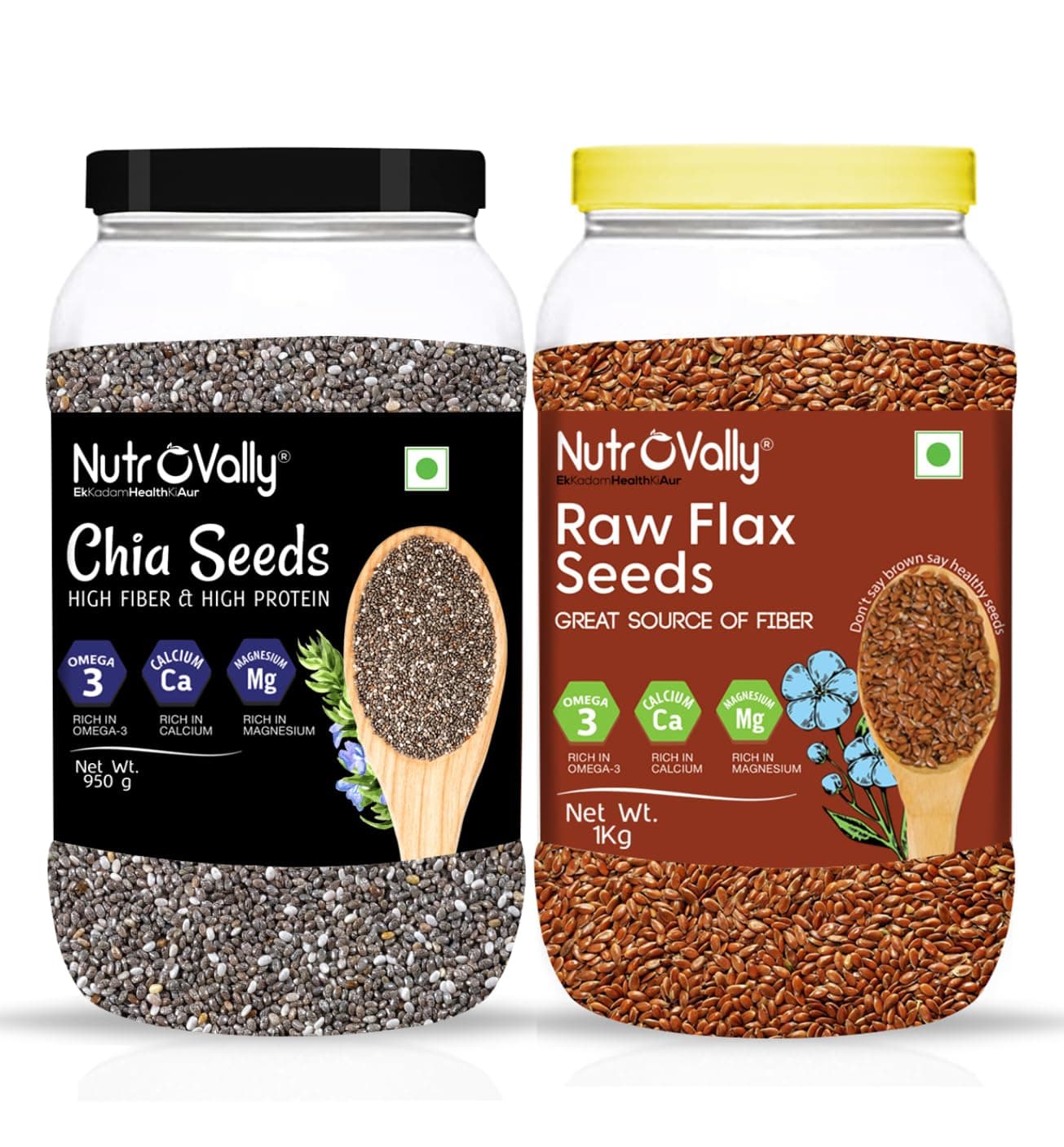 NutroVally Chia Seeds 950g & Flax Seeds 1kg Combo Jar | Rich in Omega-3, Fiber & Plant Protein | Supports Digestion, Energy, Satiety | Vegan, Gluten-Free Superfoods for Smoothies, Meals & Baking