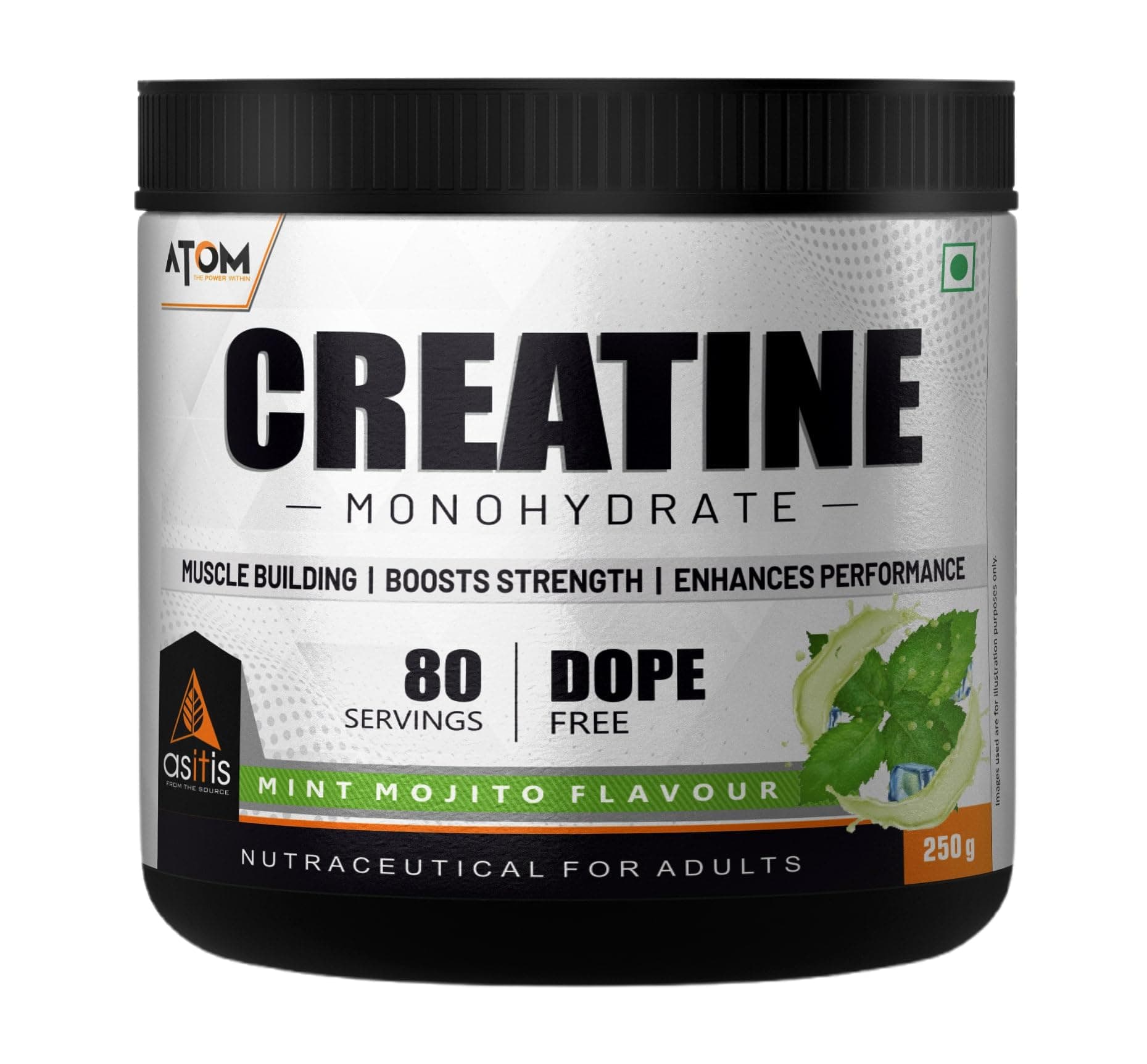 Asitis Nutrition Atom Creatine Monohydrate Powder 250 grams - 80 Servings | Dope Free | Enhances Performance | Promotes Muscle Gains | Mint Mojito Flavour