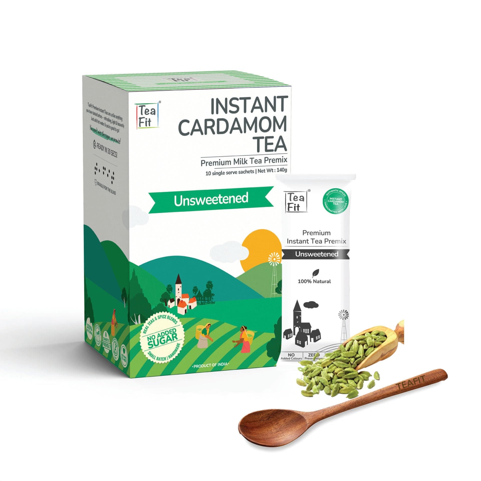 TeaFit Premium NO SUGAR Instant Cardamom Tea Premix | Pack of 100 Sachets (1.4Kg) + Spoon | Real Milk & Cardamom | Home Style Elaichi Chai | Milk Tea Premix | Diabetic Friendly | No Added Sweeteners