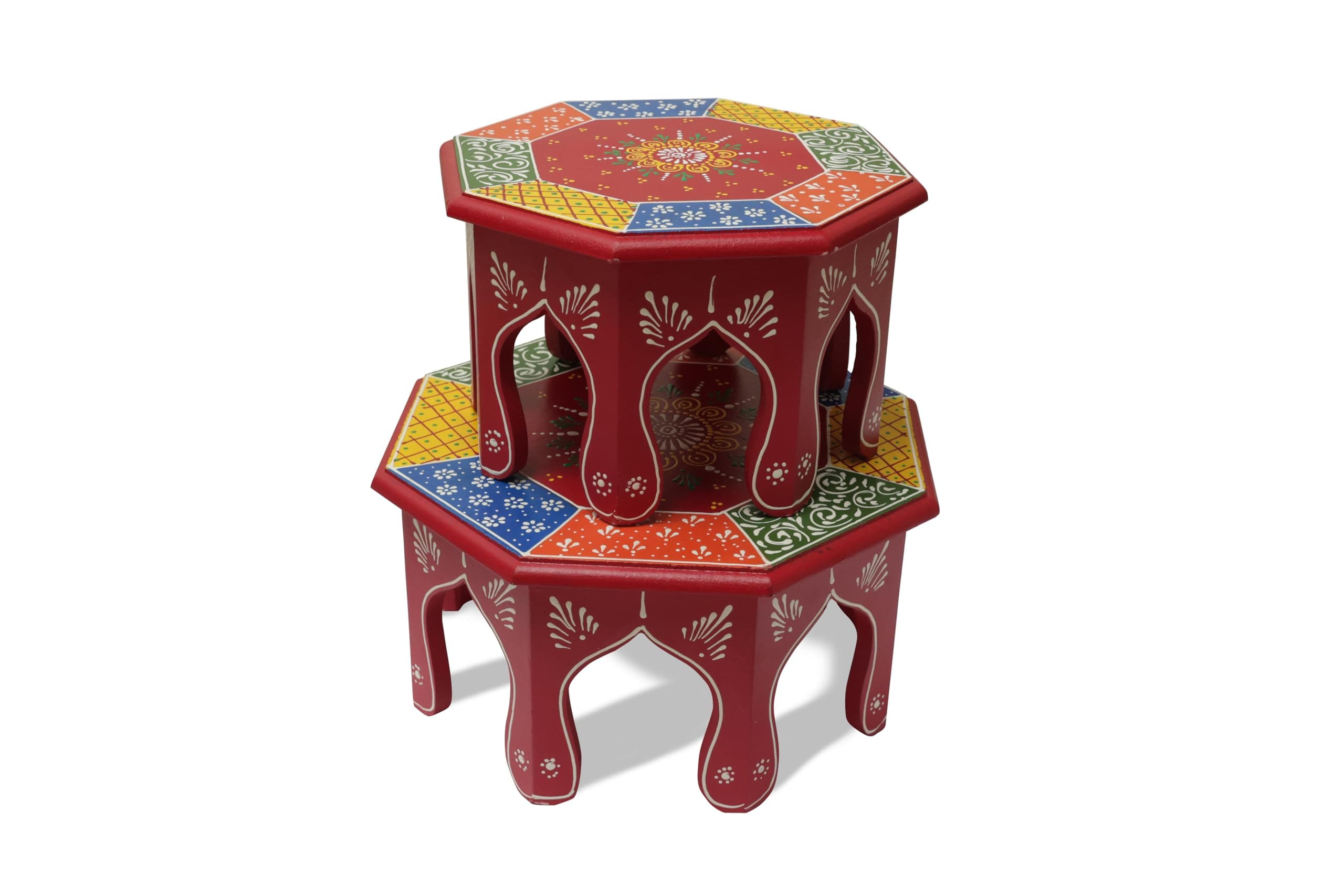 Crafted wonders Decorative Set of 2 Bajot/Chowki/Handmade bajot/Antique Design/Multipurpose Stool/Multipurpose Pooja Mandir Stool- Pack of 2 (Wooden Hand Painted)