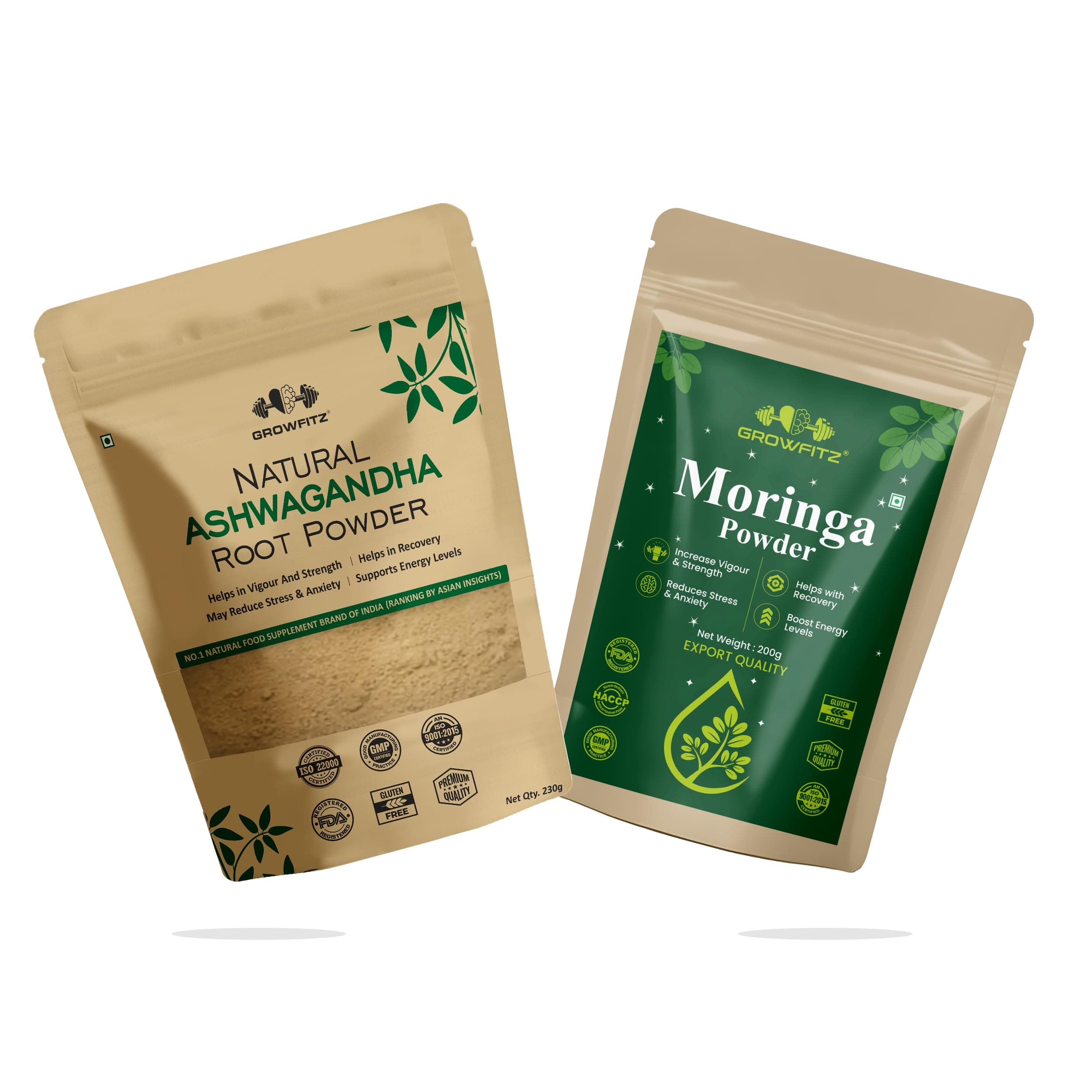 GROWFITZ Moringa & Ashwagandha Powder | 100% Pure & Natural | Boosts Immunity, Strength & Reduces Stress | Superfood for Men & Women | (Moringa-200gm, Ashwagandha-230gm) (Pack of 1)