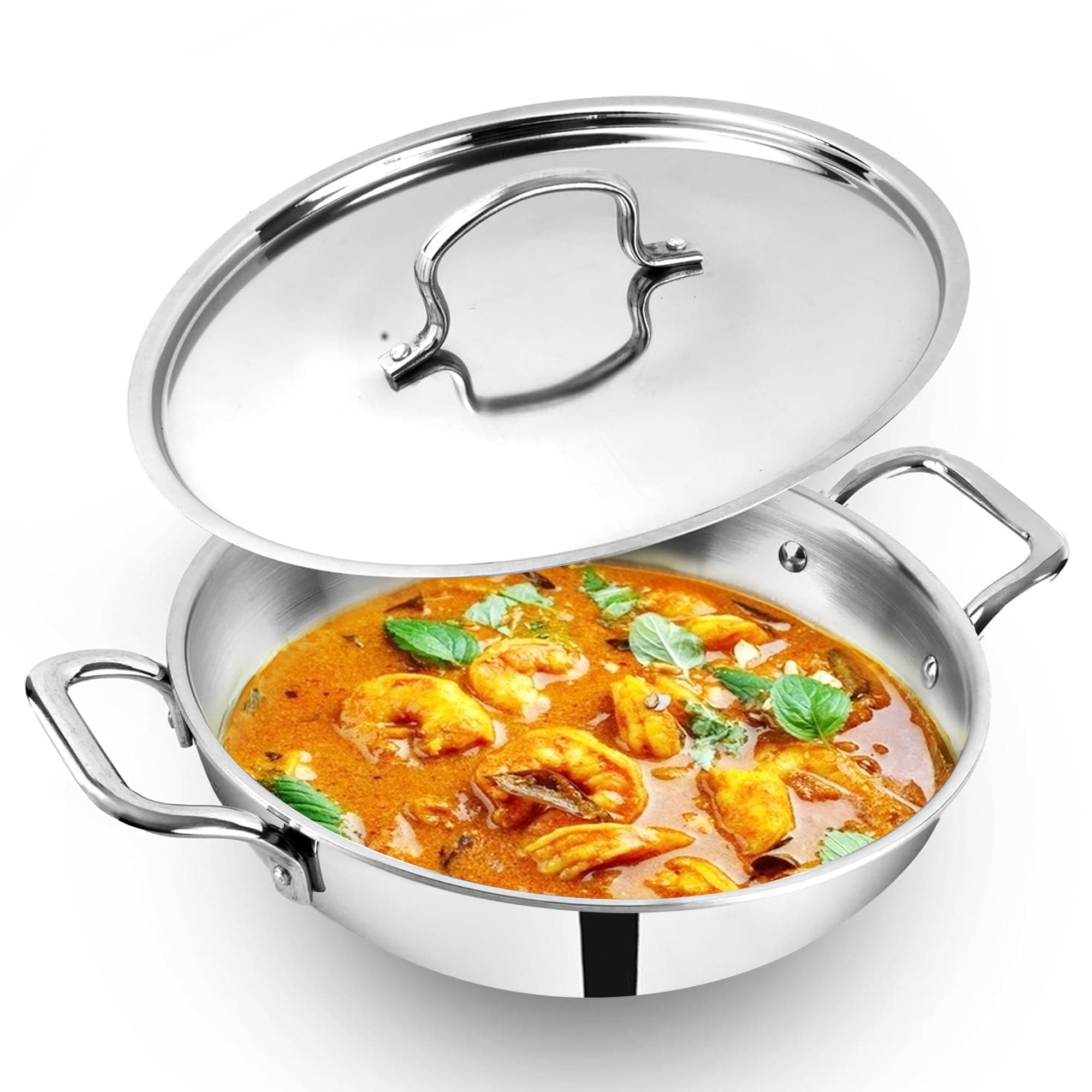 The Indus Valley Triply Stainless Steel Kadai/Kadhai with Steel Lid | 30cm/11.8 inch, 4.5Ltr, 2.4kg | Induction Friendly | Nonstick 3-Layer Body, 100% Toxin-Free, No Chemical Coating