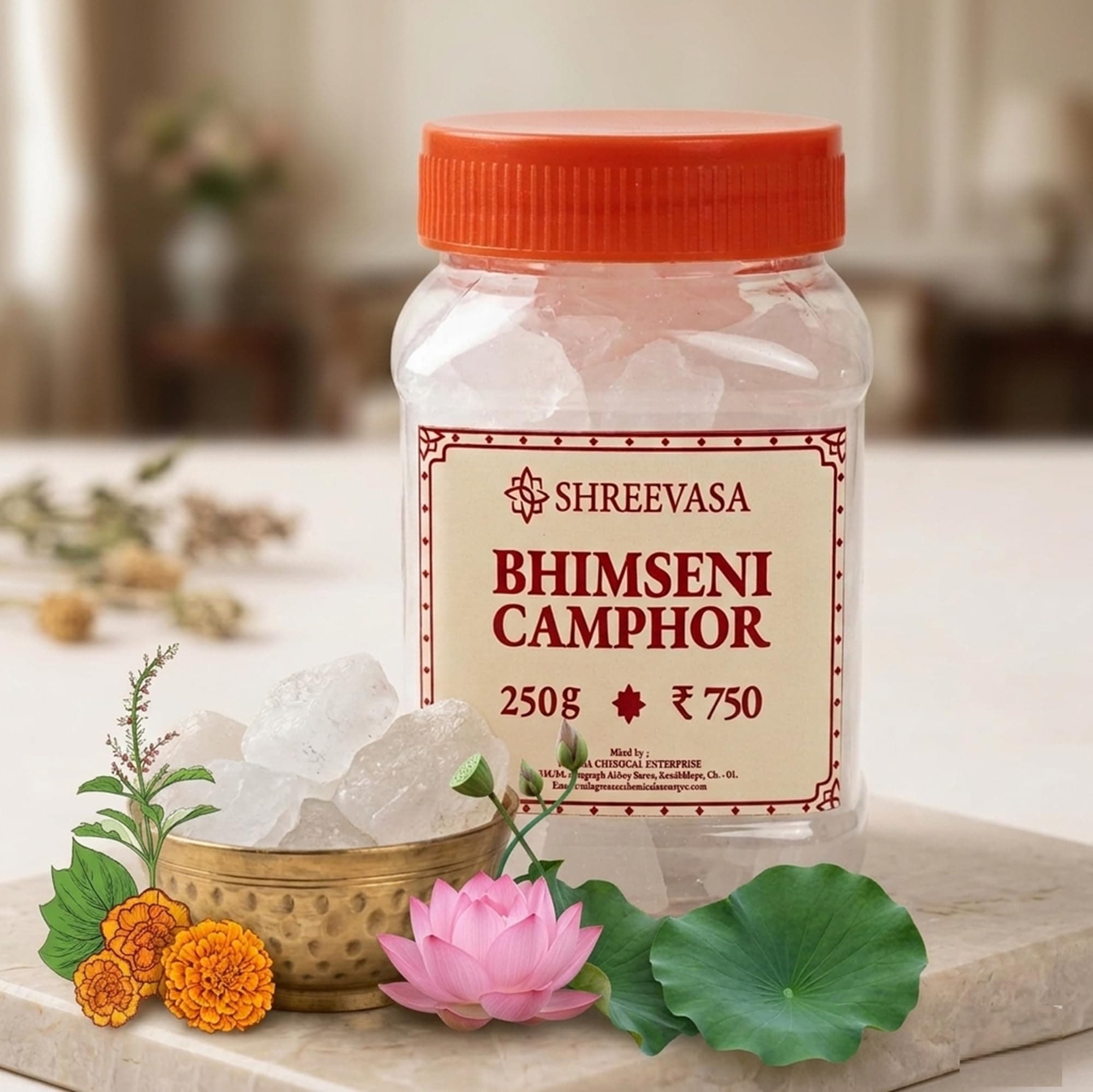 Shreevasa Bhimseni Camphor 250g | 100% Pure Original Pacha Karpooram | Organic Edible Kapoor for Pooja Havan Aarti & Meditation | Air Freshener & Room Purifier | Aromatherapy | Long-Lasting Fragrance