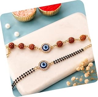 Designer Evil Eye Couple Pair Rakhi for Brother Bhai Bhabhi | Premium Evil Eye Bracelet Rakhi Set for Bhaiya Bhabhi Gift, Rakshabandhan Greeting Card, Tilak Set,Home decor