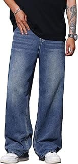 AVANOVA Men's Baggy Fit Jeans– Solid Washed Denim Straight Wide-Leg | Streetwear Casual Dailywear Pants for Men | Trendy Loose-Fit Mid-Waist Denim Trousers (Jeans 247)