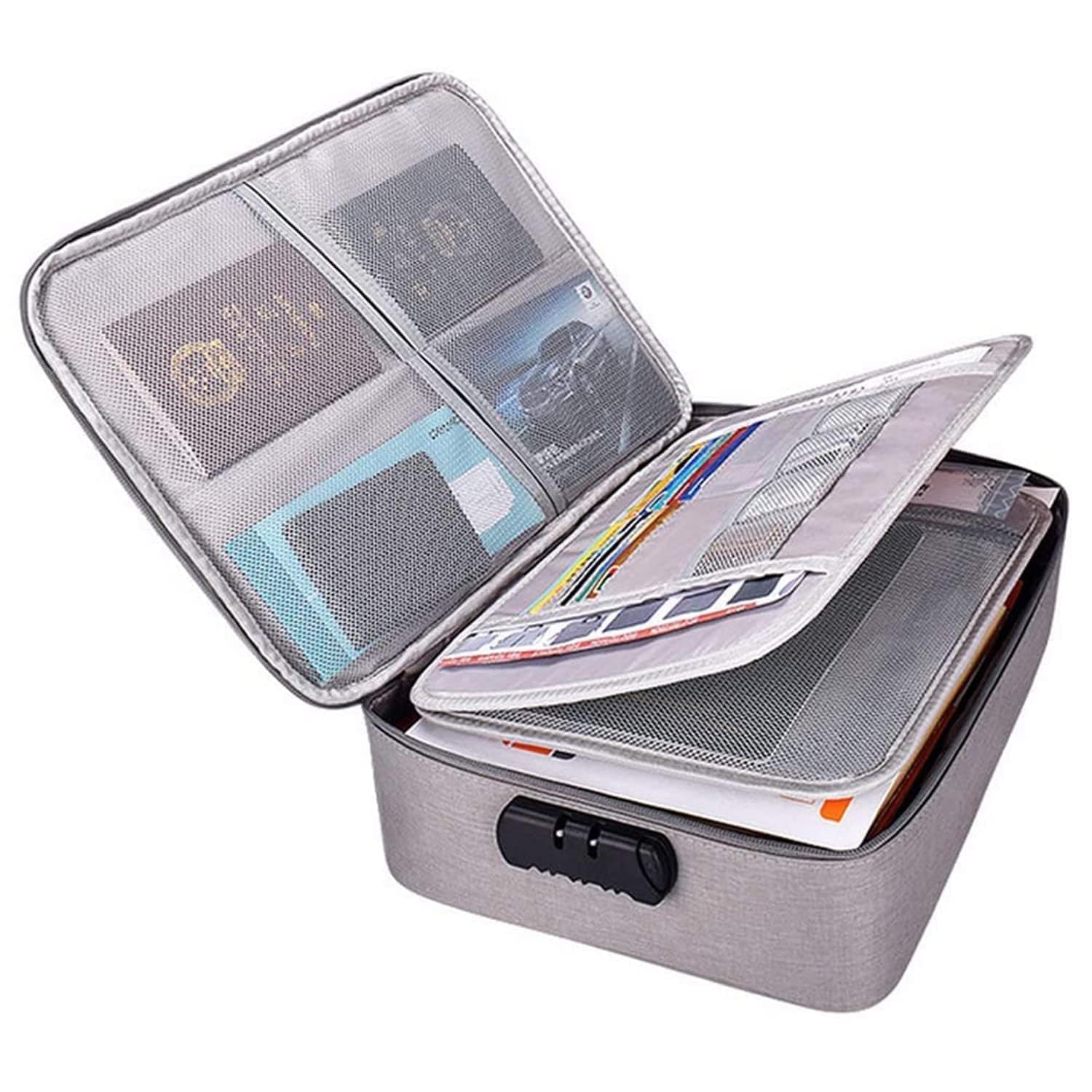 SGMVK Multipurpose Travel File Organiser Waterproof Document Storage Bag with Lock Important documents Organizer Bag Certificates Passport,Home,Office Multilayer Document Organizer Bag (Grey)