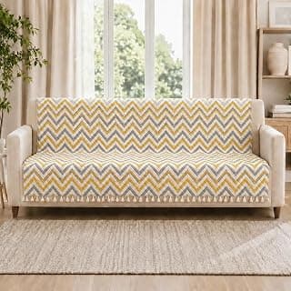 Velvet Quilted Sofa Cover for 3 Seater (70 x 60 Inches) | Yellow Zigzag | Anti-Slip Soft Washable Sofa Seat Cover | Furniture Protector with Tassels