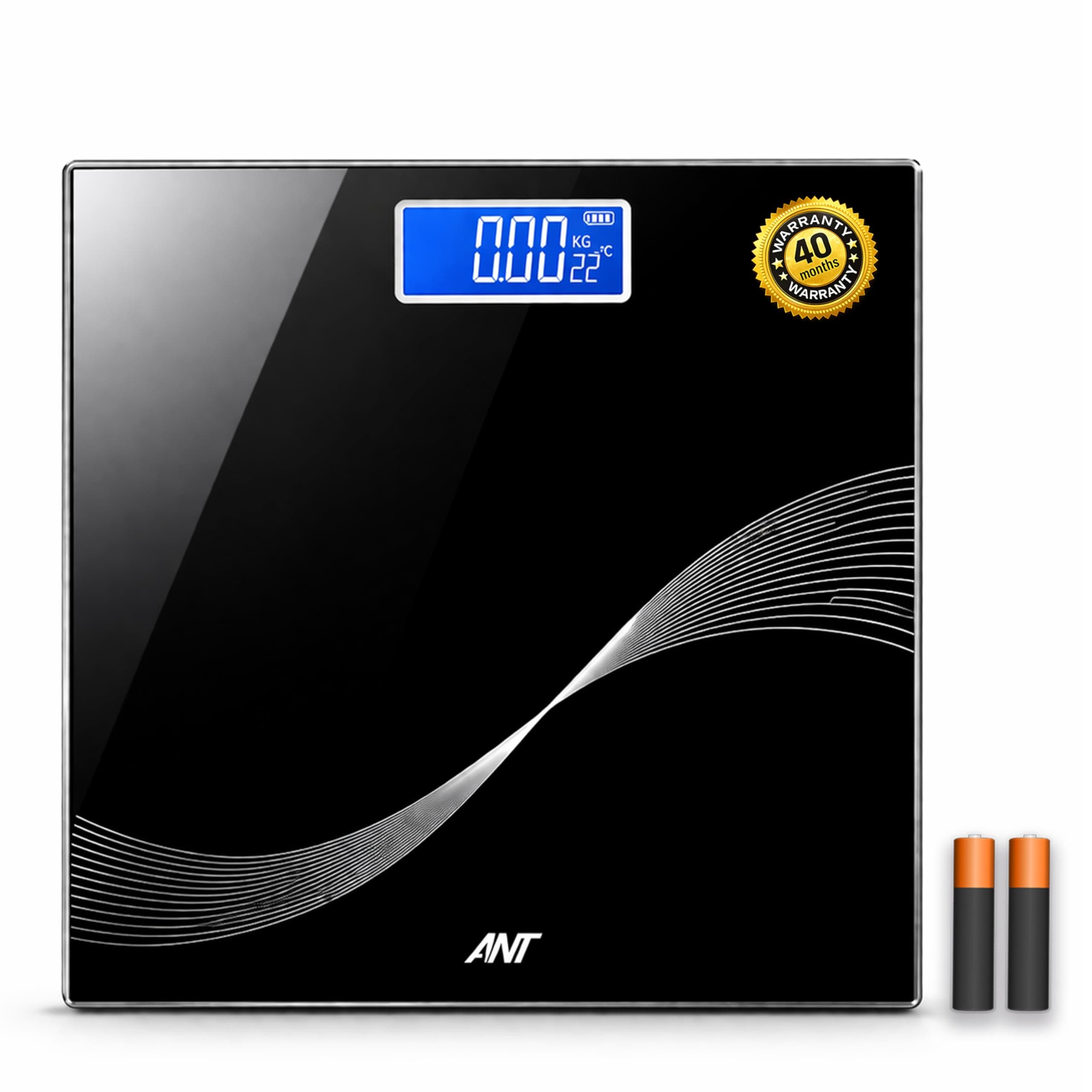 Ant Esports Flora Wave Digital Weighing Scale, Highly Accurate Digital Bathroom Body Scale, LCD Display, Precisely Measures Weight Up To 180Kg | 40 Months Warranty | Battery Included - Black