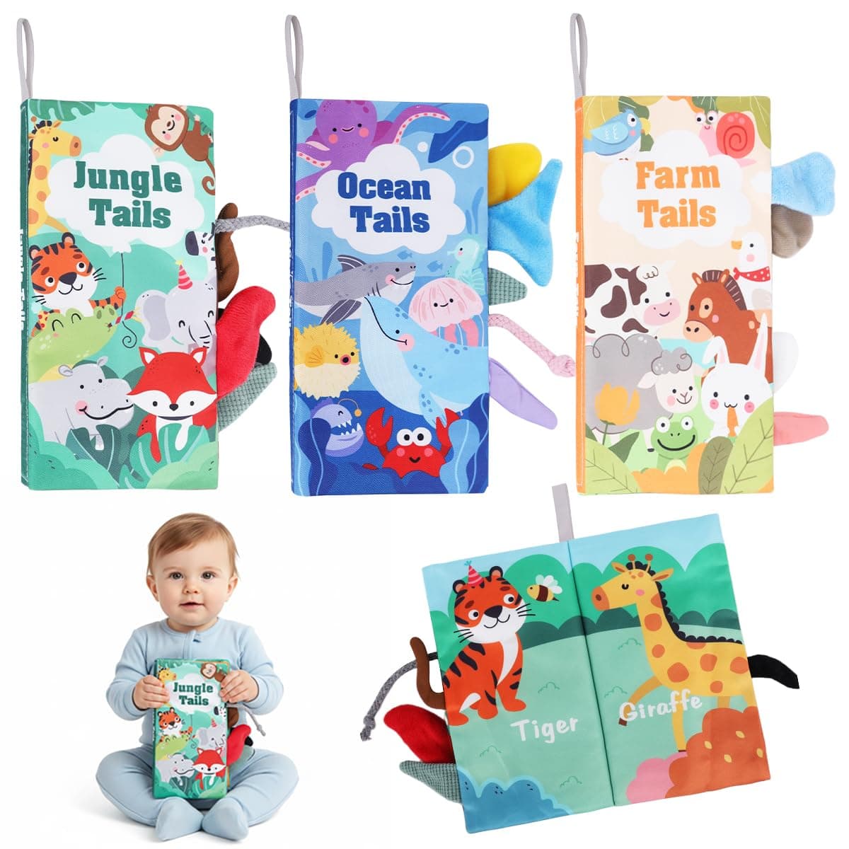 SNOWIE SOFT® 3Pcs Cloth Book for Babies 0 to 3 Year, Sensory Book for Babies 6-12 Month with Jungle Ocean Farm Animal & 3D Touch Feel High Contrast Dimensional Tail, Built in Rustling Sound, Washable
