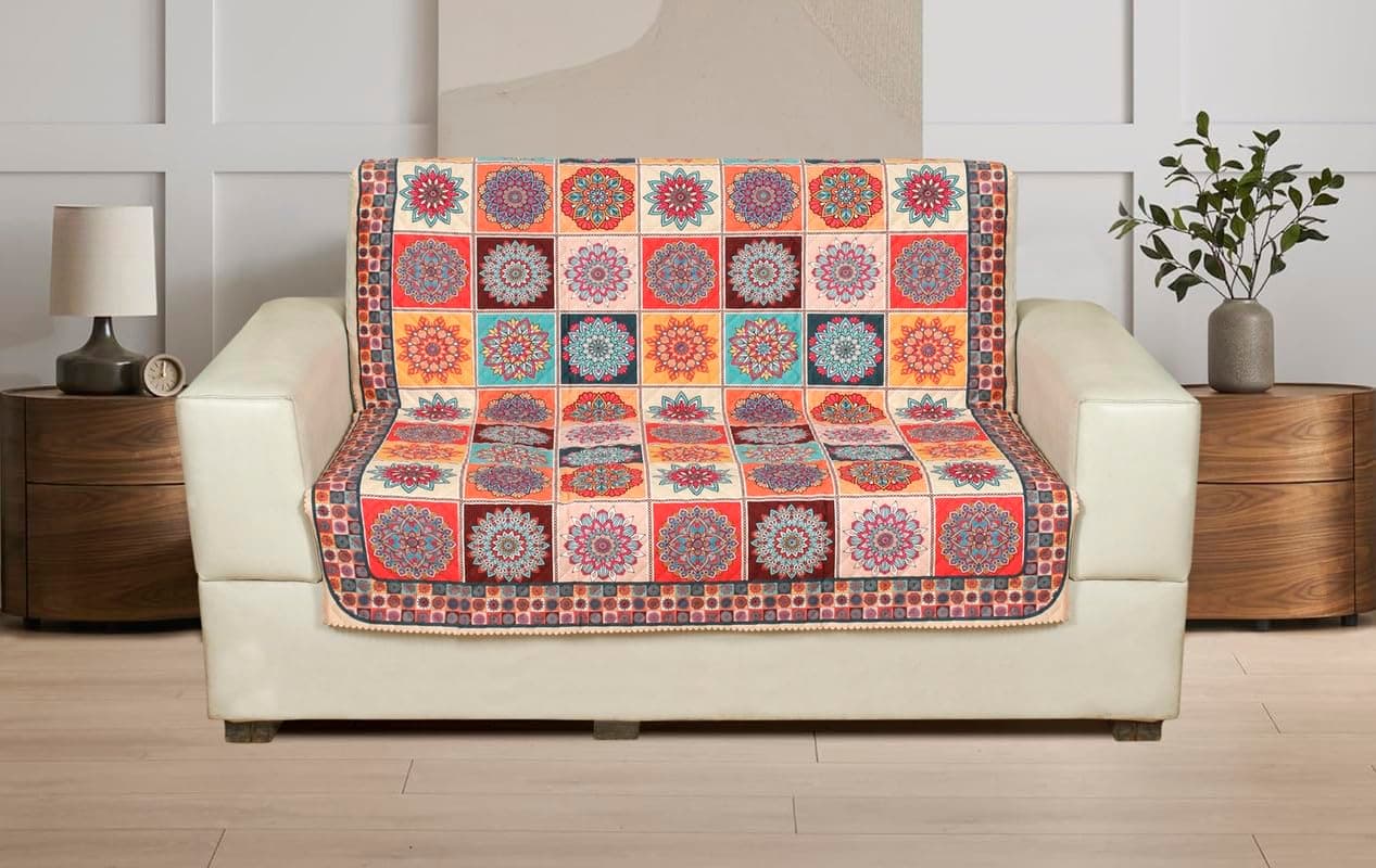 Nendle Sofa Cover 2 Seater Printed Quilted Velvet Universal Mat Antiskid Dust Protector Two Seater Sofa Cover for Living Room (Orange, Pack of 1)