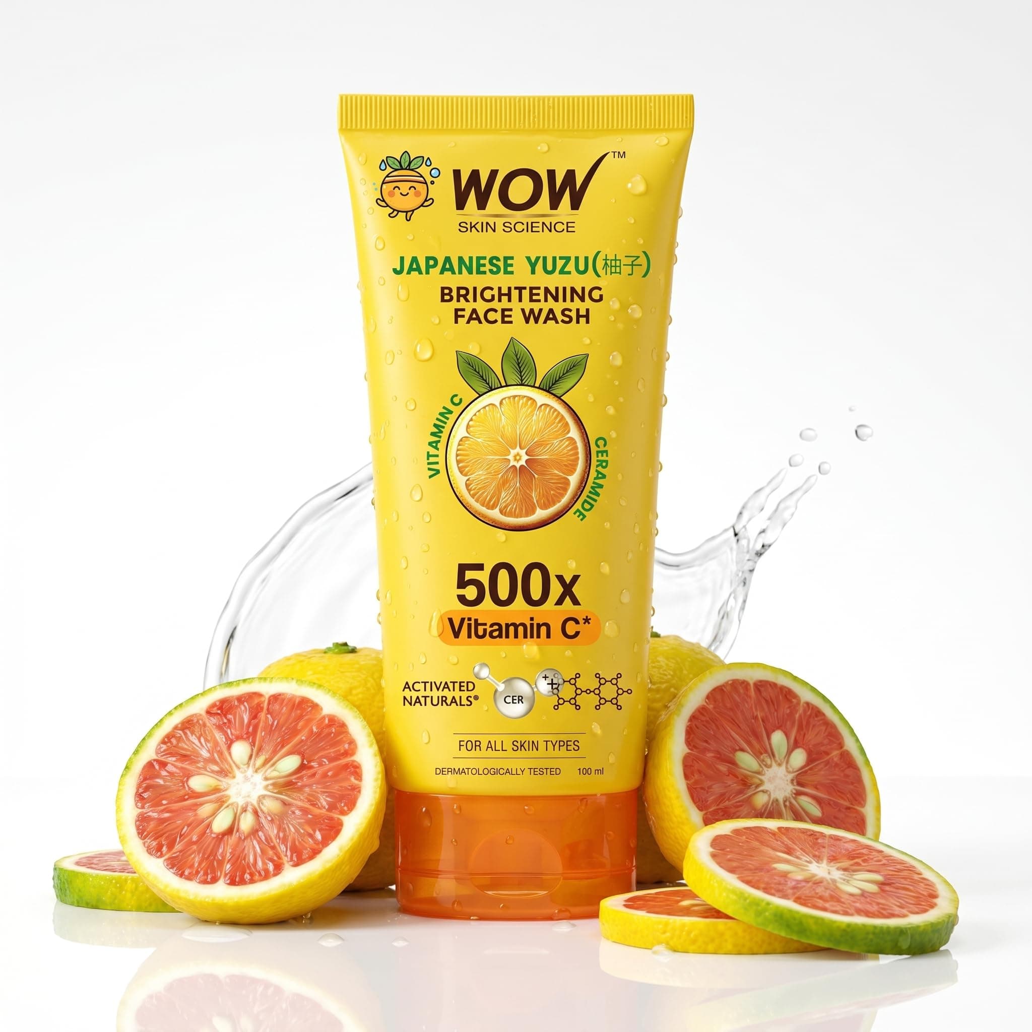 WOW Skin Science Japanese Yuzu + Vitamin C with Ceramide Brightening Face Wash | 500x Vitamin C | For Strengthened Glowing Skin | Paraben-Free Gentle Cleanser with Orange Peel & Camu Camu | 100ml