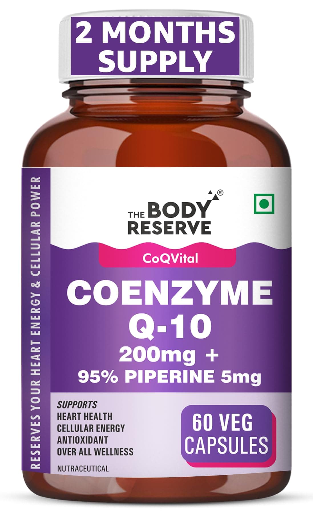 The Body Reserve Coenzyme Q10 200mg with 95% Piperine – High Absorption CoQ10 Supplement for Heart & Vascular Health | Supports Energy Production & Cellular Function | Powerful Antioxidant | 60 Vegetarian Capsules
