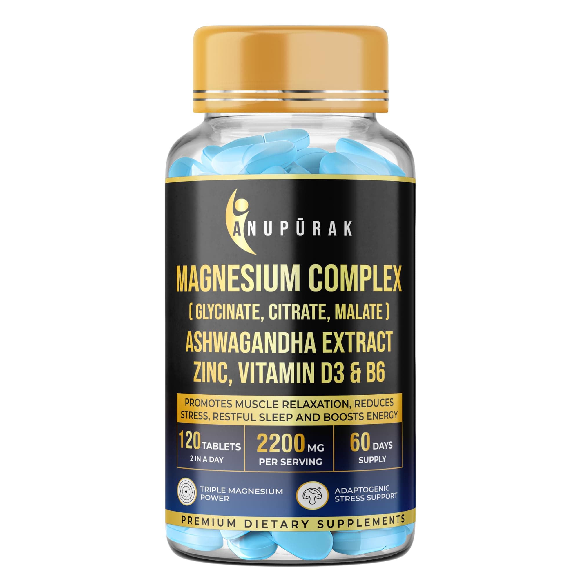 Triple Magnesium Complex Tablets | Glycinate, Malate & Citrate | 296mg Elemental Magnesium | Ashwagandha, L-Theanine, Zinc & D3 | Stress Support, Calm Focus & Muscle Function | 120 Tablets (60 Days)