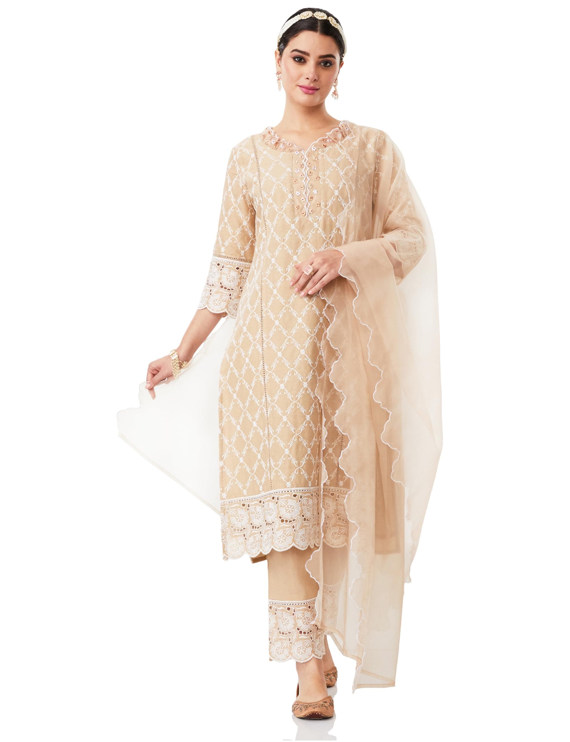 Amazon Brand - Myx Women Embroidered Cotton Kurta Pant Set with Organza Dupatta (Available in Plus Sizes)