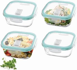 Treo By Milton Hi Borosilicate Clip Fresh Square Glass Container, Set of 4, 320 ml Each, Transparent | BPA Free | Microwave Safe/Oven Safe | Refrigerator Safe | Dishwasher Safe | Air Tight | Stackable