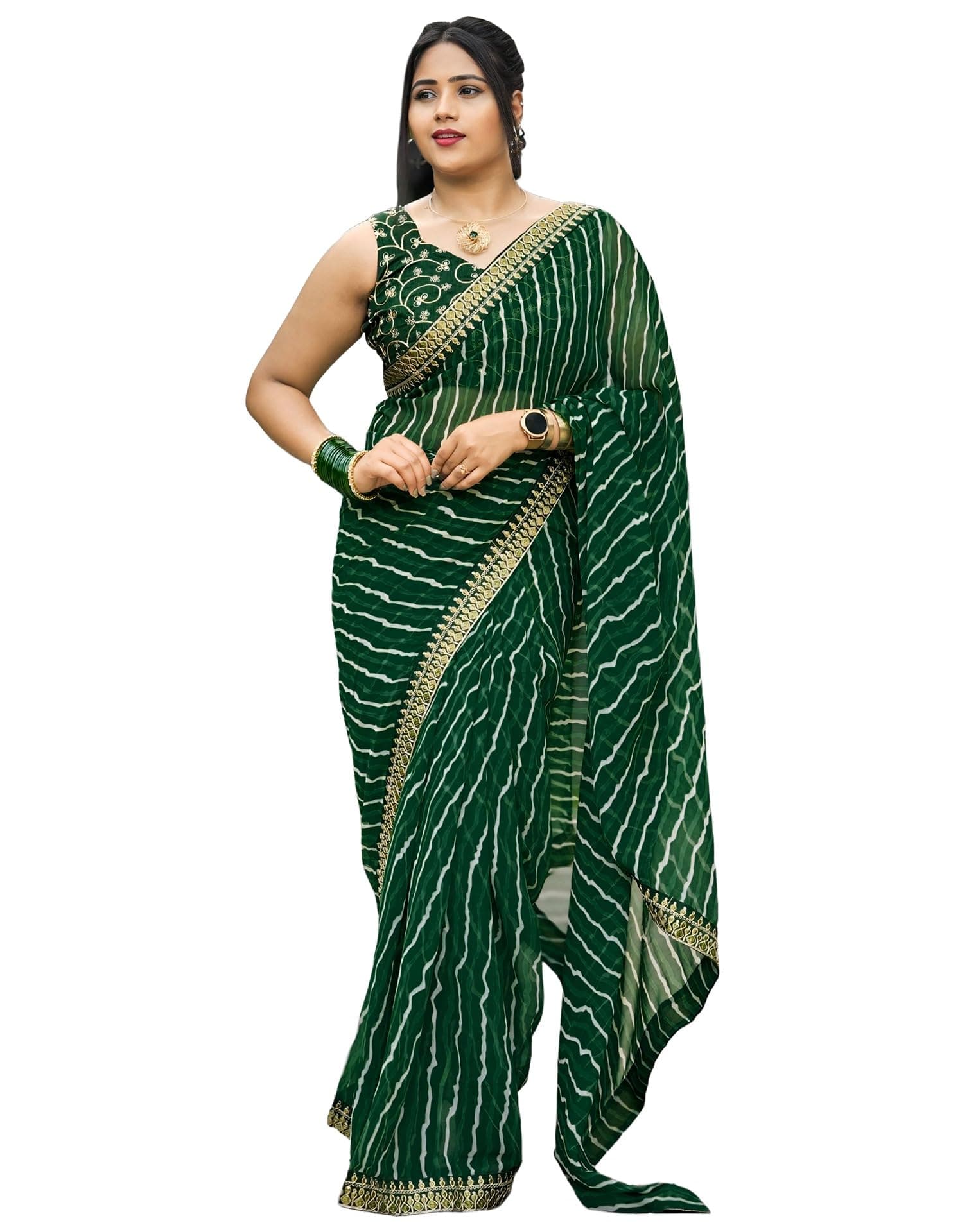 SIRIL Women's Georgette Leheriya Saree With Unstitched Blouse (3252S581_Green)