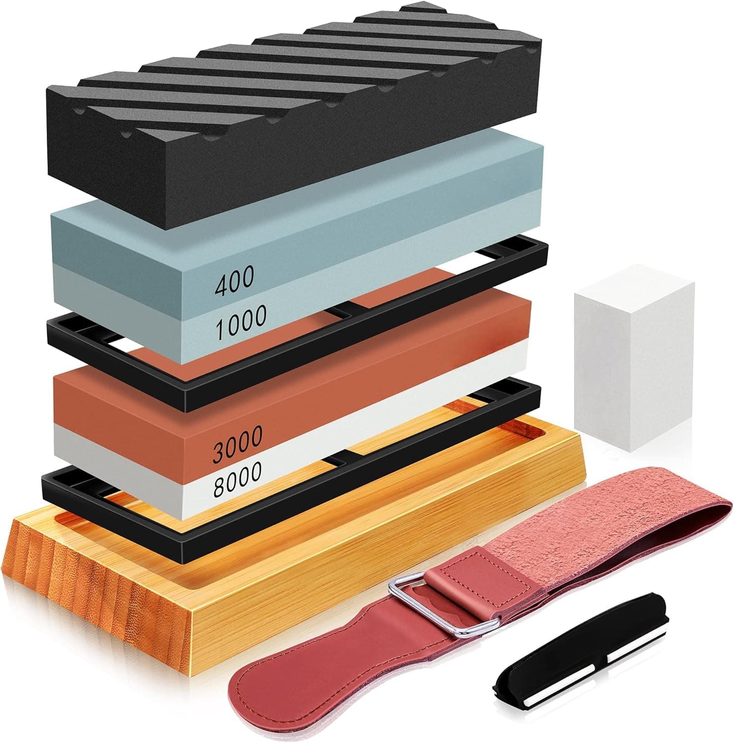 DRYCEN Knife Sharpening Stone Set, Professional Whetstone 4 Side Grit 400/1000 3000/8000, Whetstone Knife Sharpener Stone Set Include Non-Slip Base, Leather Strop, Flattening Stone & Angle Guide