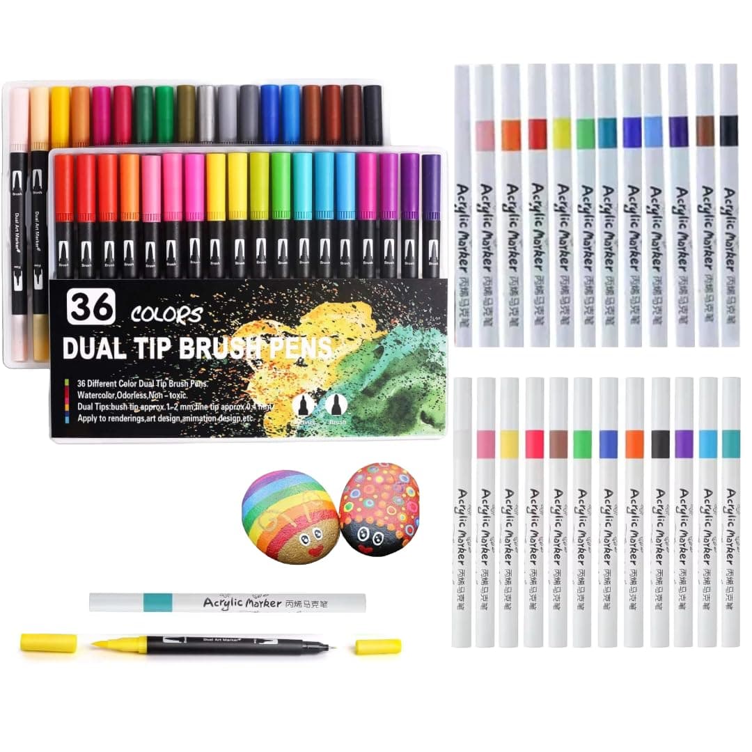 Corslet Set of 60 pcs 24 pcs Acrylic Markers Set and 36 pcs Dual Tip Brush Pen 36 Shades Sketch Pen Set for Kids Calligraphy Colour Marker Art Supplies for Artist Sketching Drawing Sketch Colour Set